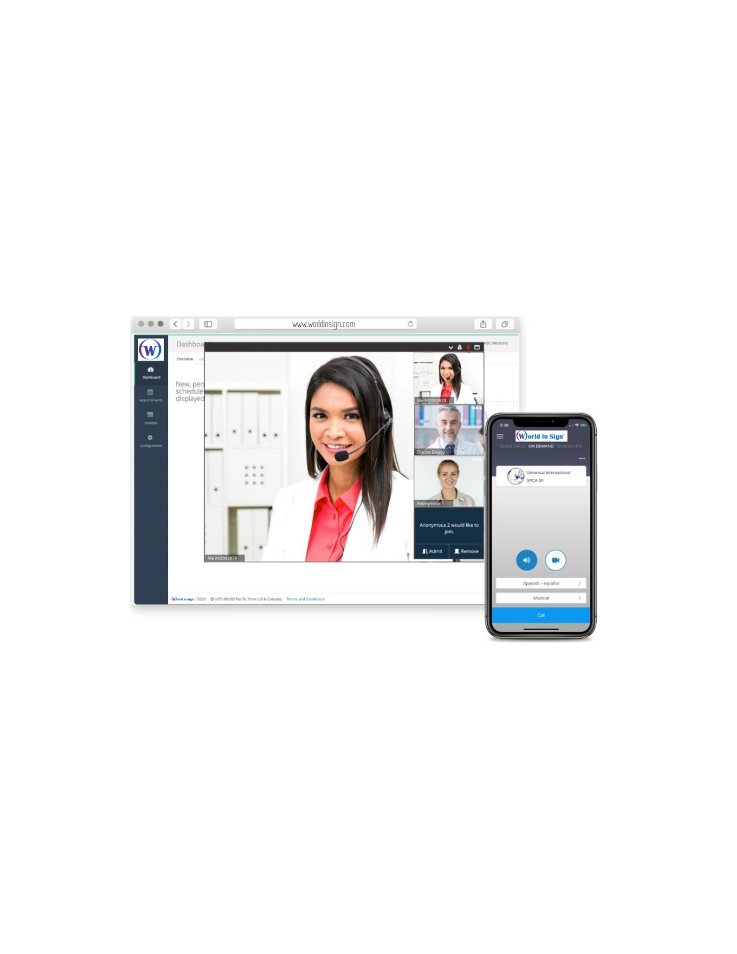 Virtual Doctor Appointment with 5 callers, on the translation platform also showing the platform on a mobile device