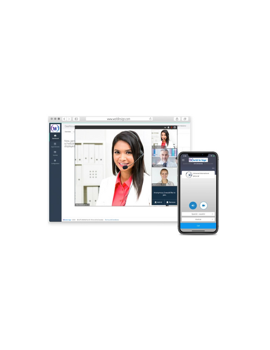 Virtual Doctor Appointment with 5 callers,  on the translation platform also showing the platform on a mobile device